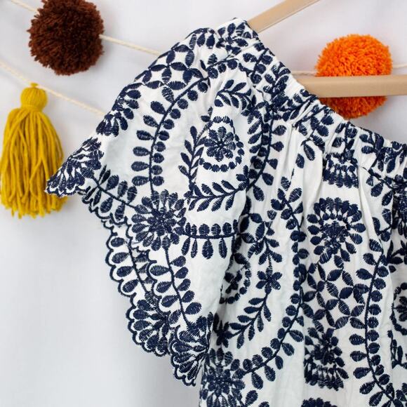 Entro Navy Blue White Floral Paisley Embroidered Off Shoulder Mini Dress Medium - Picture 4 of 6